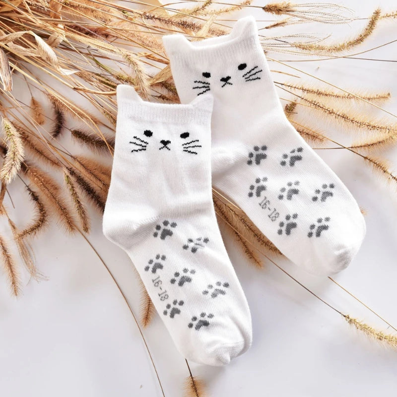 1 Pair Kids Socks Cotton Lovely Cat Ear Footprints Candy Color Tube Socks Girls Boys Children Cartoon Animal Print Socks Fashion