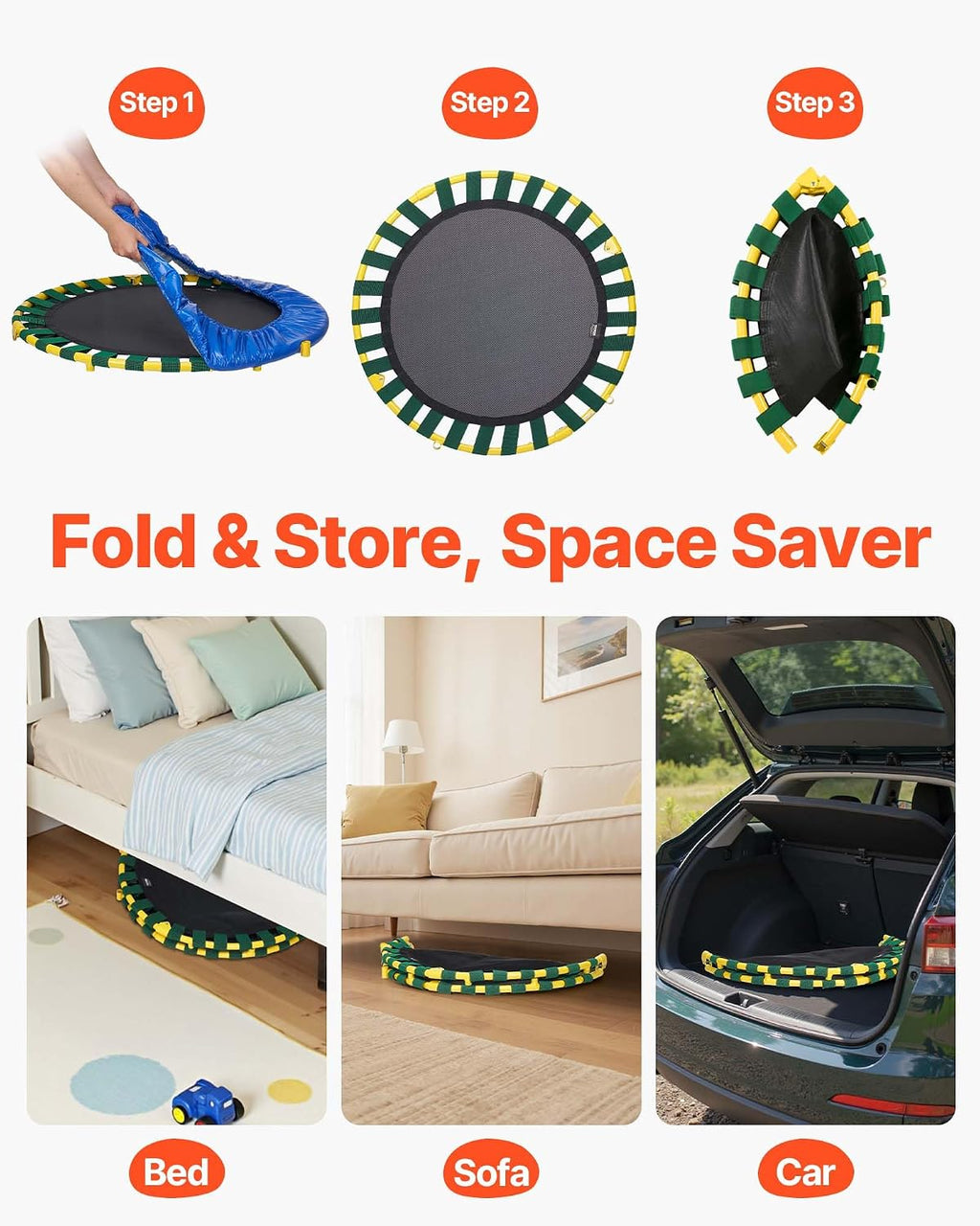 VEVOR 3FT Foldable Mini Trampoline for Toddlers — Indoor/Outdoor, Ages 3+