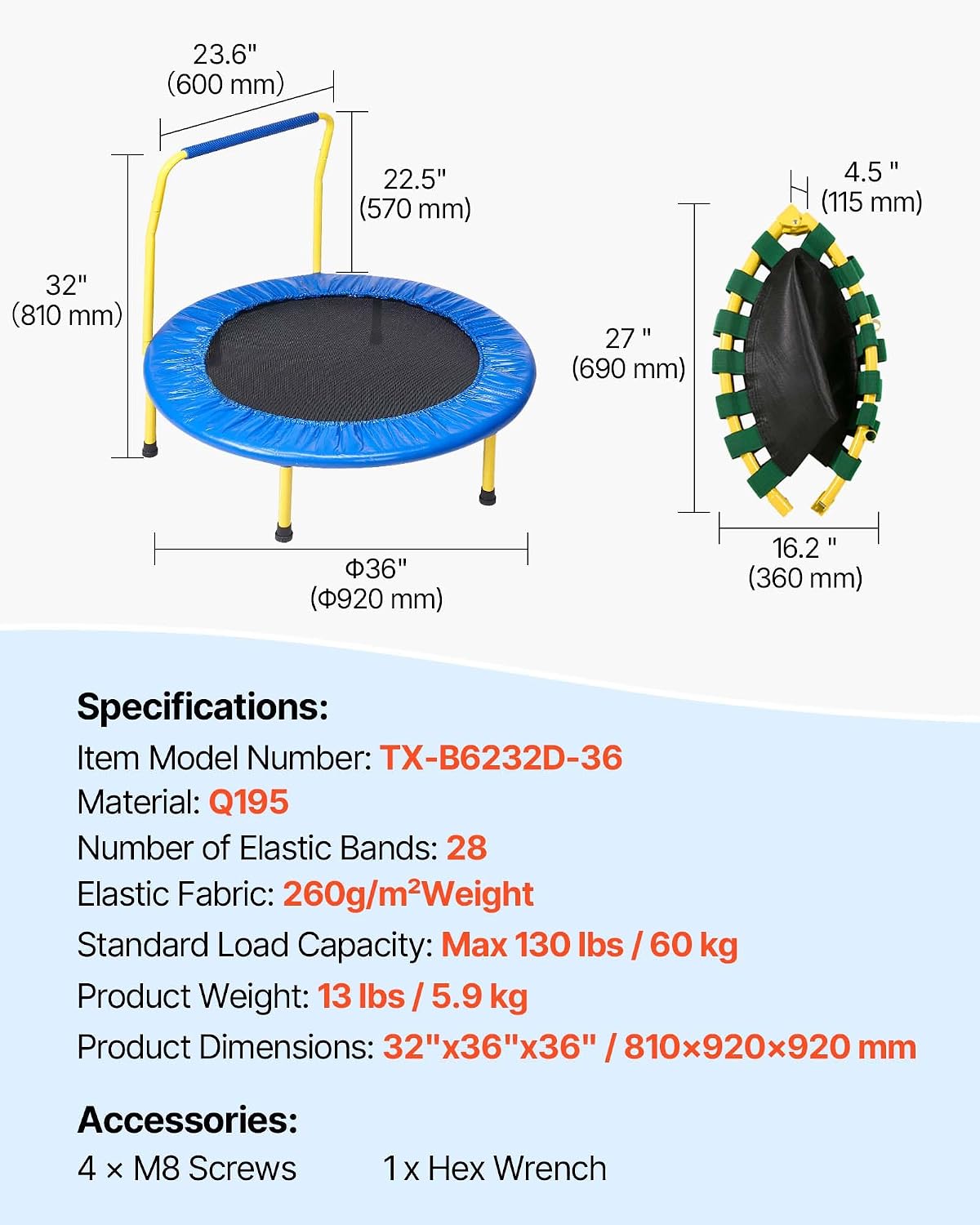VEVOR 3FT Foldable Mini Trampoline for Toddlers — Indoor/Outdoor, Ages 3+