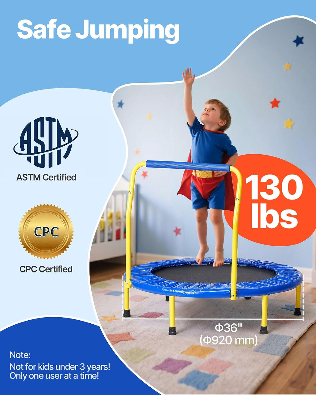 VEVOR 3FT Foldable Mini Trampoline for Toddlers — Indoor/Outdoor, Ages 3+