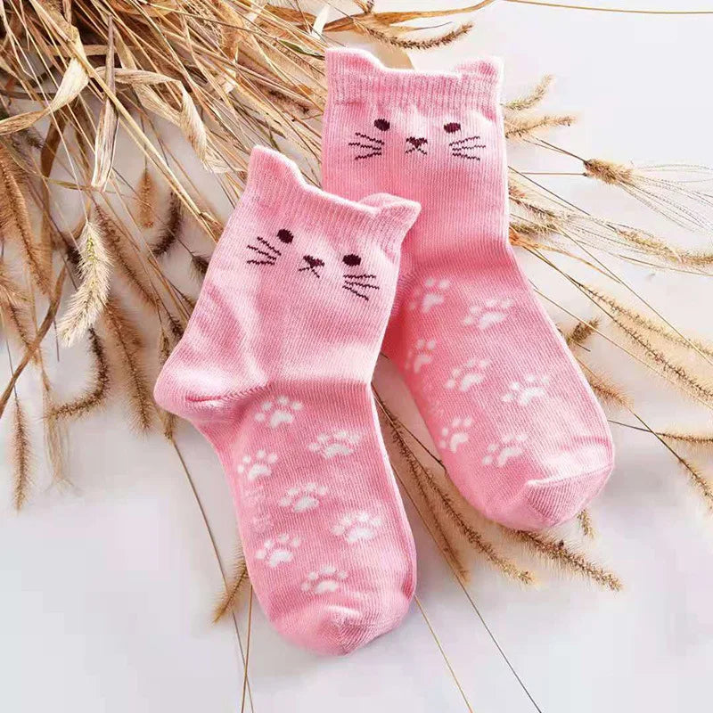 1 Pair Kids Socks Cotton Lovely Cat Ear Footprints Candy Color Tube Socks Girls Boys Children Cartoon Animal Print Socks Fashion