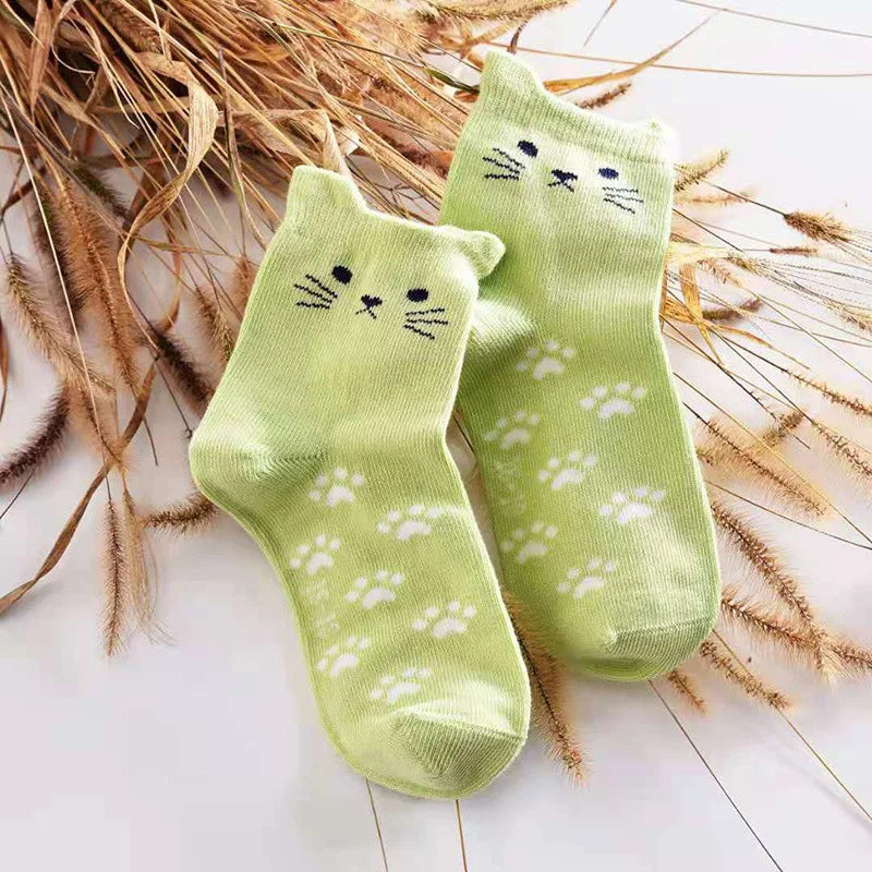 1 Pair Kids Socks Cotton Lovely Cat Ear Footprints Candy Color Tube Socks Girls Boys Children Cartoon Animal Print Socks Fashion