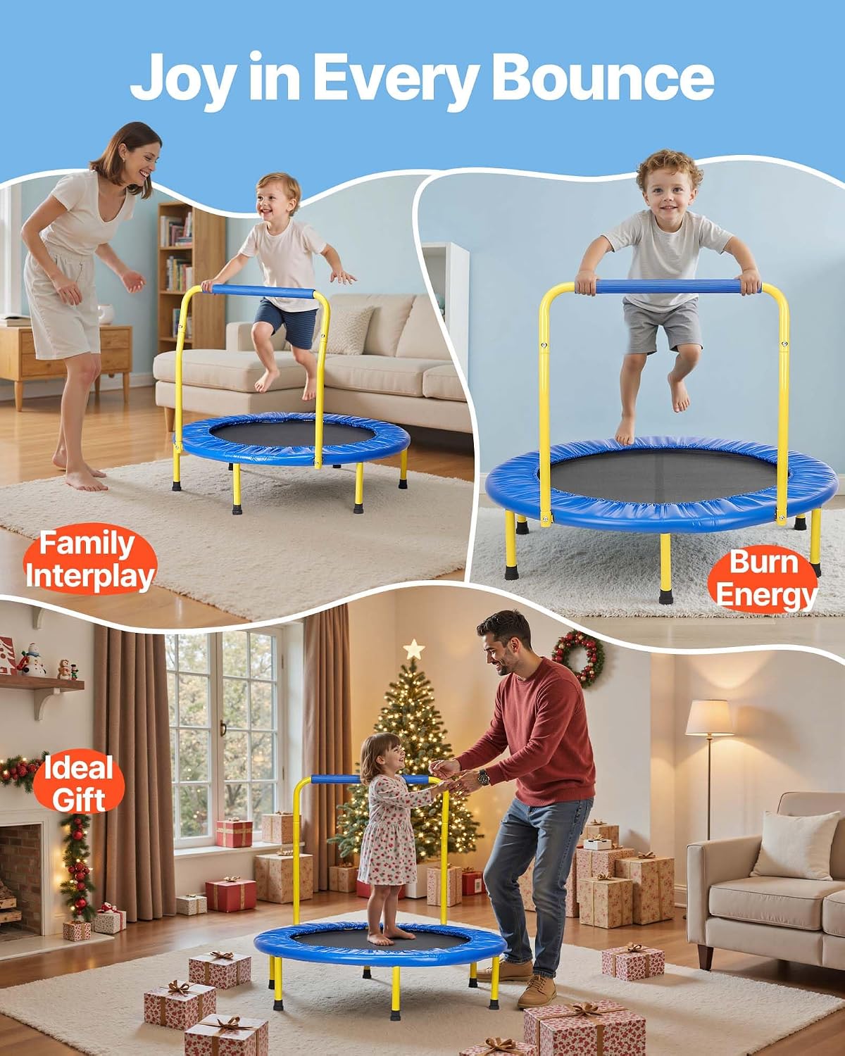 VEVOR 3FT Foldable Mini Trampoline for Toddlers — Indoor/Outdoor, Ages 3+