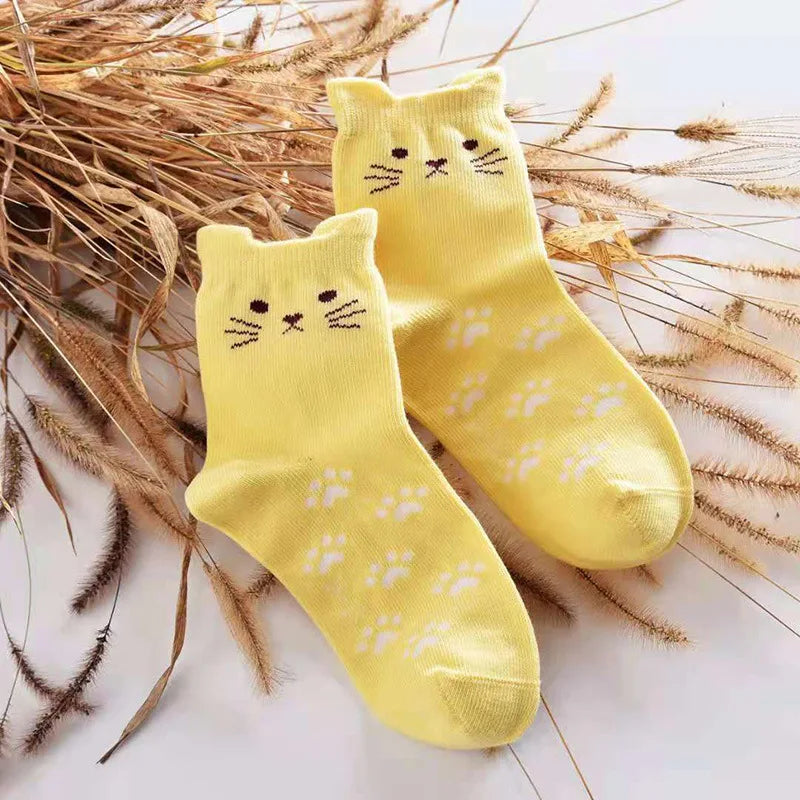 1 Pair Kids Socks Cotton Lovely Cat Ear Footprints Candy Color Tube Socks Girls Boys Children Cartoon Animal Print Socks Fashion