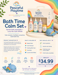 Peaceful Playtime Bath Time Calm Set featuring Luna the Whale - product concept image showing Bubble Wash, Calm Shampoo, Soothing Bath Soak, Calm Balm, and Luna the Whale bath toy in rainbow packaging