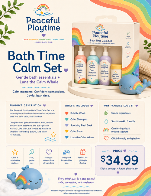 Peaceful Playtime Bath Time Calm Set featuring Luna the Whale - product concept image showing Bubble Wash, Calm Shampoo, Soothing Bath Soak, Calm Balm, and Luna the Whale bath toy in rainbow packaging